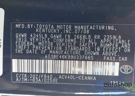 2009 Toyota Camry from USA, damaged, VIN 4T1BE46K99U337665